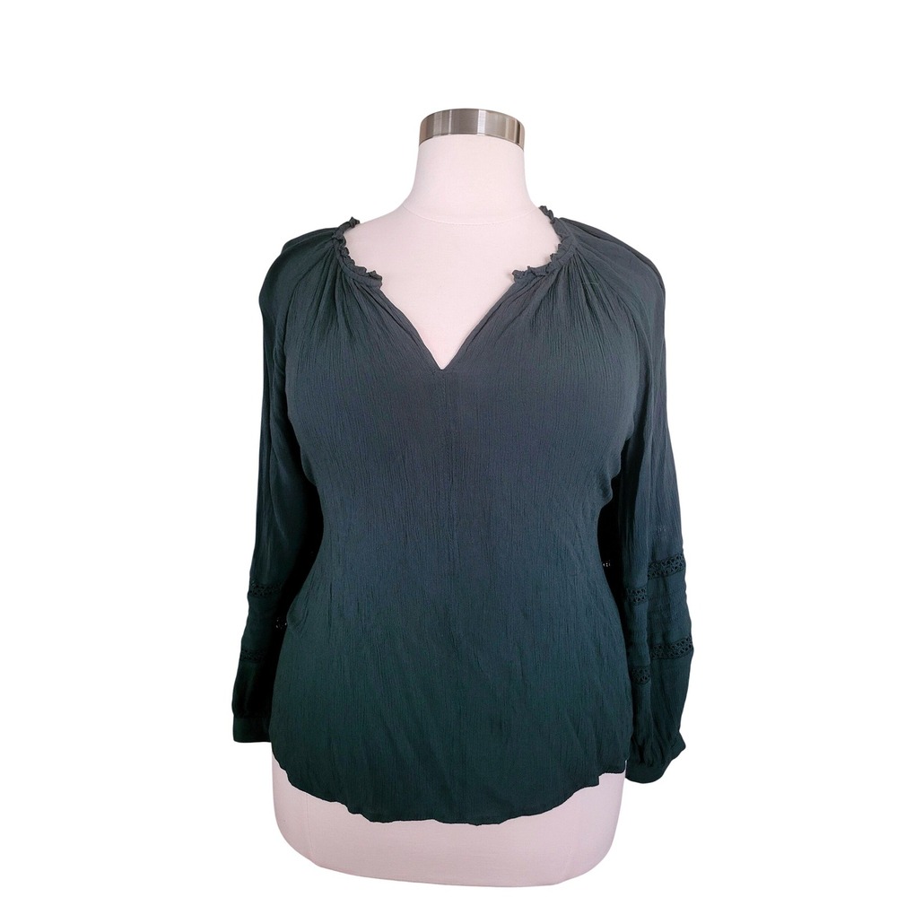 Knox Rose Womens XXL Green Boho Lace Crochet Sleeve V-Neck Rayon Blouse Top